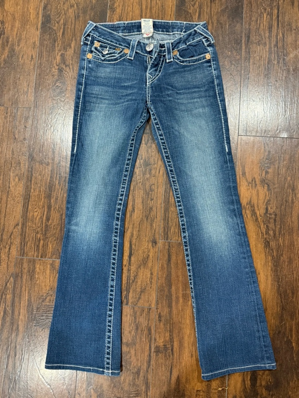 True Religion Dark Wash Flare Bootcut Jeans with Flap Pocket, Flap Pocket